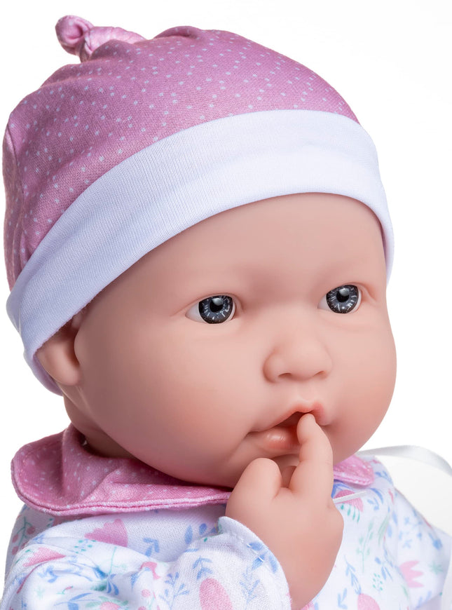 JC Toys - 51 cm La Baby Doll Has Soft and Washable Body, Magic Bottle and Pacifier, Pink and White, Floral, Designed in Spain, 2 Years