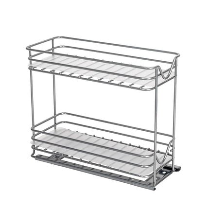 Household Essentials Glidez Powder-Coated Steel Pull-Out/Slide-Out Storage Organizer with Plastic Liners for Spice Rack Use - 2 -Tier Design - Fits Standard Size Cabinet or Shelf, Brushed Silver