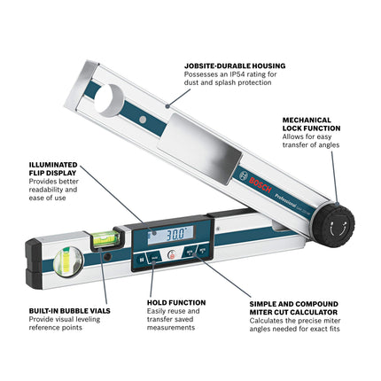 BOSCH GAM 220 MF 4-in-1 Digital Angle Finder, Includes Leg Extension, 4 AA Batteries, & Carrying Case