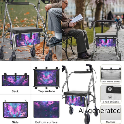 LedBack Wheelchair Bag for Seniors Rollator Walker Rollator Covers Purple Butterfly Flower Walker Seat and Backrest Covers, Easy to Install