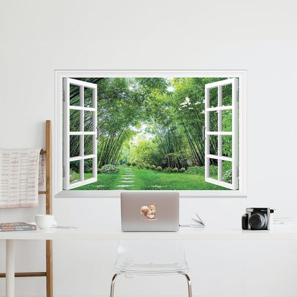 FLFK Fake Window Wall Mural - Jungle Faux Window Wall Sticker, Stick and Peel Wall Decals, 48"x32", Set of 2 Sheets