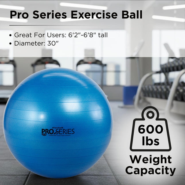 TheraBand Exercise Ball, Professional Series Stability Ball with 75 cm Diameter for Athletes 6'2" to 6'8" Tall, Slow Deflate Fitness Ball for Improved Posture, Balance, Yoga, Pilates, Core, Blue