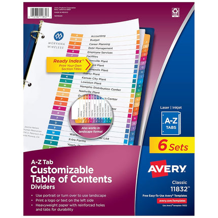 Avery A-Z Tab Dividers for 3 Ring Binders, Customizable Table of Contents, Multicolor Tabs, 6 Sets (11832)