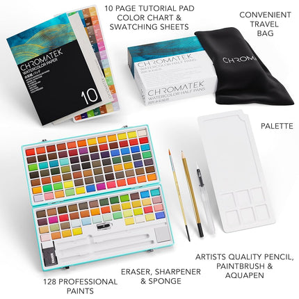 CHROMATEK Watercolour Paint Set – 128 Colours for Kids & Adults with Metallic, Pastel & Fluorescent Paints – Professional Art Supplies Kit with Brushes, Paper Pad, Swatches & Carry Case – Non-Toxic & Travel Ready