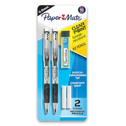 Portaminas Paper Mate Clearpoint resistentes a la rotura, mina HB #2 (0.7 mm), 2 lápices (azul oscuro y verde oscuro), 1 juego de minas de repuesto, 2 borradores