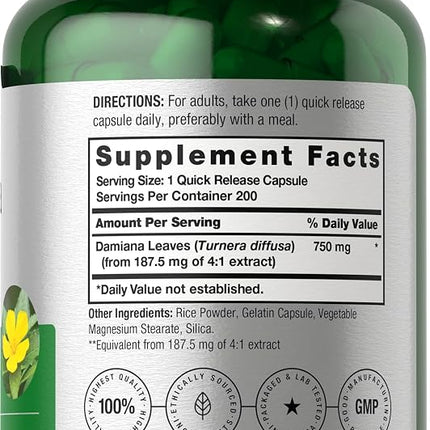 Horbäach Damiana Leaf Extract | 200 Capsules | Herbal Supplement