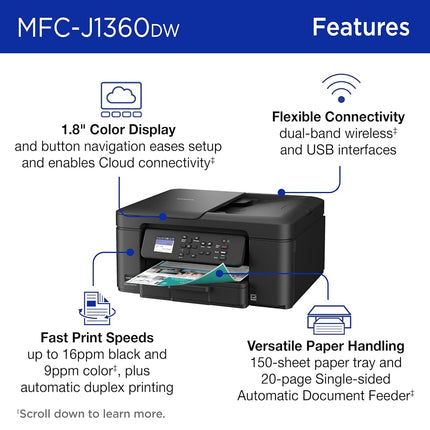 Brother Work Smart 1360 Wireless Color Inkjet All-in-One Printer with Automatic Duplex Printing and 1.8” Color Display | Includes Refresh Subscription Trial(1) (MFC-J1360DW)