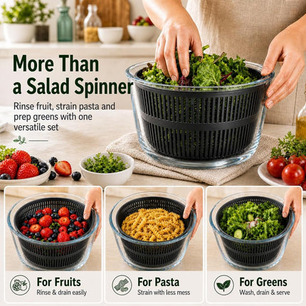 LYTYCJD Glass Salad Spinner 3.2 Qt, Small Salad Spinner, Glass Bowl, Black