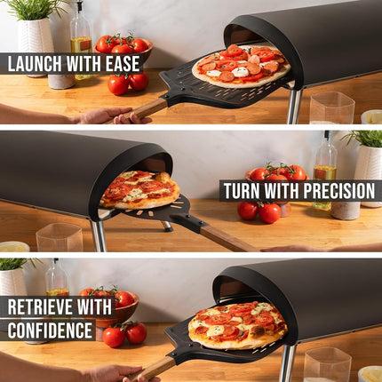 Chef Pomodoro Black Perforated Metal Pizza Peel 12-inch with Foldable Wood Handle for Easy Storage and 8-inch Aluminum Turning Pizza Peel with Detachable Wood Handle