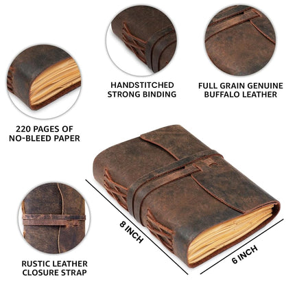 LEATHER VILLAGE Leather Bound Journal - Dark Brown, 8"X6", 220 Pages