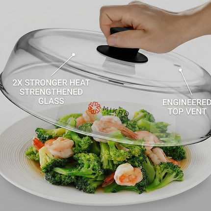 Microwave Glass plate cover for food - Sturdy Borosilicate glass splatter guard with vent hole - 100% Food Safe BPA free Easy Grip Silicone Knob and Dishwasher safe - 10.5in