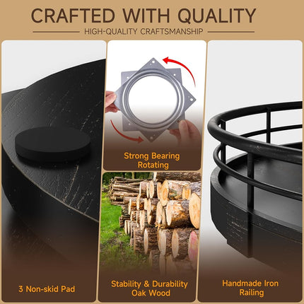 AMH 10-Inch Oak Lazy Susan Vanity Tray with Black Brushed Gold Rail