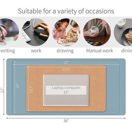 RENMTURE Dual-Sided Desk Pad, Natural Cork & PU Leather Large Mouse mats for Office and Home Work, Desk Protector Non-Slip, Waterproof, Easy Clean (Blue Gray, 36"x17")