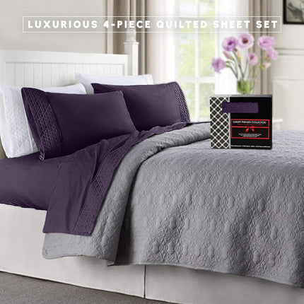 Elegant Comfort Luxurious 4-Piece Quilted Bed Sheet Set - Gift Box - 1500 Thread Count Egyptian Quality Softness - Wrinkle Resistant - All Around Elastic Fitted Sheet, Deep Pocket, King, Purple
