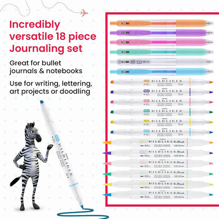 Zebra Pen Journaling & Lettering Stationery Set (18 Pack) Dual Tip MILDLINER Pastel Highlighters & Colouring Pens, MILDLINER Brush Pens, and SARASA Gel Pens - Assorted Highlighters Pens Multipack