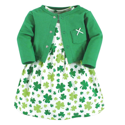 Hudson Baby Conjunto de Vestido y Cárdigan de Algodón para Bebés Niñas, Tréboles, 3T