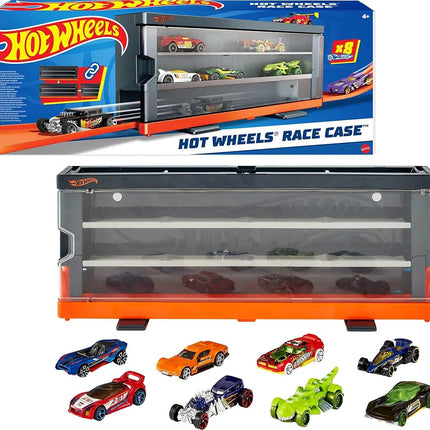 Autos de juguete Hot Wheels, set de 8 vehículos a escala 1:64 y estuche de exhibición y almacenamiento interactivo con capacidad para 12, se conecta a la pista