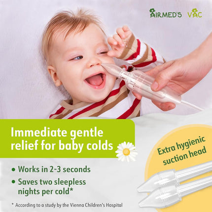 Airmed's Vac Nasal Aspirator Baby. CLINICALLY Tested, Safe and Gentle. Baby Nose Sucker with 2 Suction Heads and Cleaning Brush. Safe and Gentle Baby Nasal Aspirator with Strength of a Vacuum Cleaner
