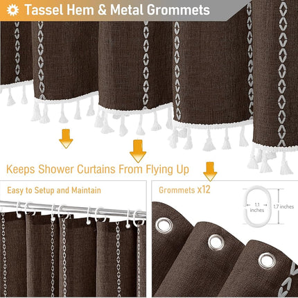 BTTN 72x84 Long Boho Farmhouse Linen Heavy Duty Shower Curtain Set, Brown