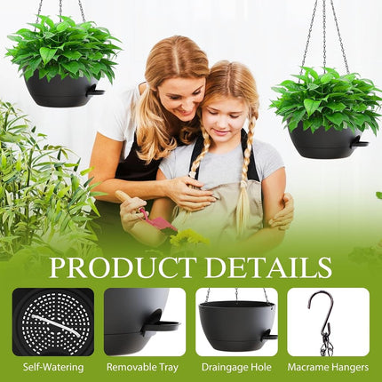 SQKH 10 Inch Hanging Baskets 2 PC with Chains, Self-Watering Hanging Planters for Indoor Outdoor Plants, Plastic Hanging Flower Pots,Black