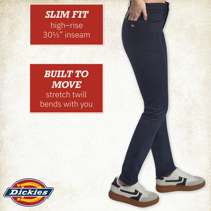 Dickies Women's High Rise Skinny Twill Pants, Rinsed Dark Navy, 27