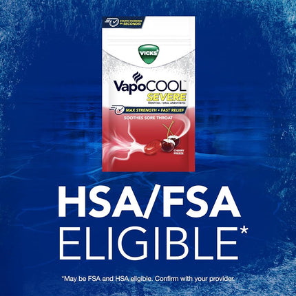 Vicks VapoCool Pastillas para dolor de garganta severo medicadas, Mentol de máxima potencia, Alivia el dolor de garganta, Sabor cereza, 45 unidades