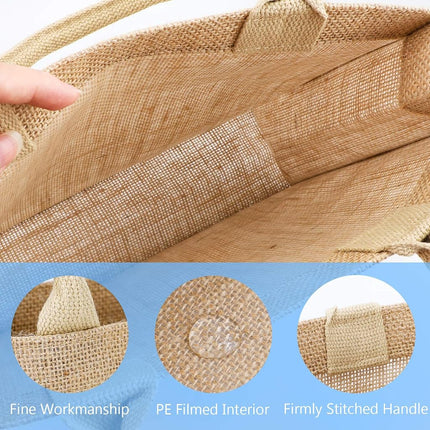 Segarty Burlap Tote, Natural Jute Tote Bags with Handles & Laminated Interior, Wedding Bridesmaid Gift Bags, Blank Bags for Embroidery DIY Art Crafts, Reusable Grocery Bag Shopping Tote Bag, Set of 3