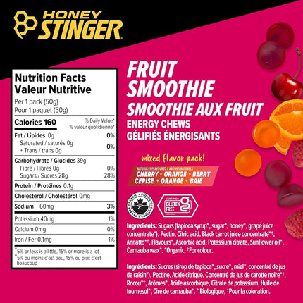 Honey Stinger Organic Fruit Smoothie Energy Chew | Gluten Free & Caffeine Free | for Exercise, Running and Performance | Sports Nutrition for Home & Gym, Pre and Mid Workout | 12 Pack, 50g