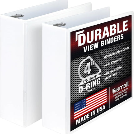 Samsill Durable 4 Inch Binder, Made in The USA, Locking D Ring Customizable Clear View Binder, White, 2 Pack, Each Holds 775 Pages