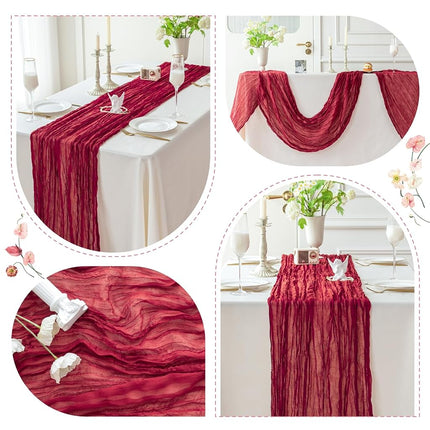 Sioloc 5 Pack Burgundy Red Cheesecloth Table Runner Summer Decor 90cmX300cm Boho Gauze Runner for Fall Autumn Halloween Decor Wedding Party Baby Bridal Shower Engagement