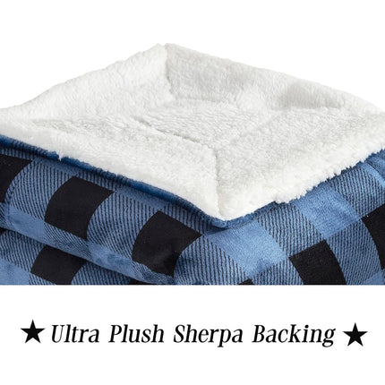 Elegant Comfort Luxury Ultra-Plush Velvet Touch Buffalo Plaid Fleece Throw - Soft, Warm, Cozy Micromink Sherpa-Backing Reversible Blanket for Bed, Sofa and Couch, Buffalo Blue
