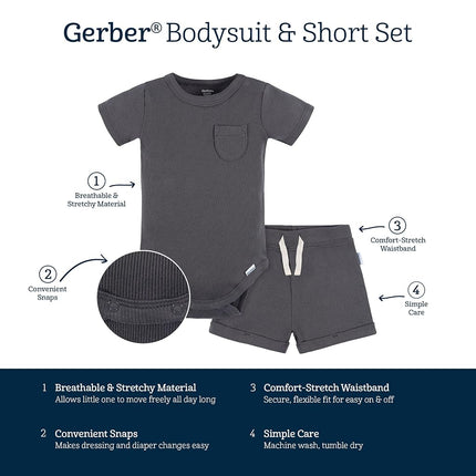 Gerber Unisex Baby Bodysuit and Shorts Set, Dark Grey, 3-6 Months