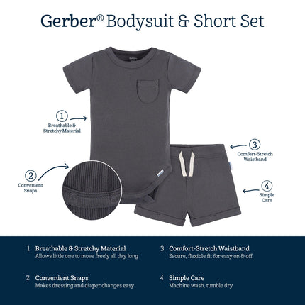 Gerber Unisex Baby Bodysuit and Shorts Set, Dark Grey, 24 Months