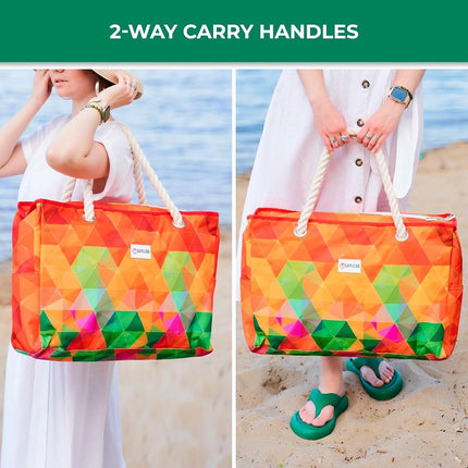 SHYLERO Beach Bag XL. 100% Waterproof (IP64). L22 xH15 xW6 w Cotton Rope Handles, Top Zipper, Extra Outside Pocket. Beach Tote Has Waterproof Phone Case, Built-in Key Holder, Bottle Opener (Rainbow)