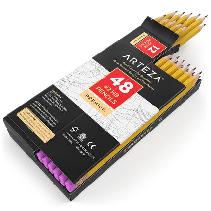 Crayons HB ARTEZA n° 2, lot de 48 crayons graphite pré-taillés avec corps en bois, en vrac, fournitures de bureau et scolaires pour examens, salles de classe, étudiants