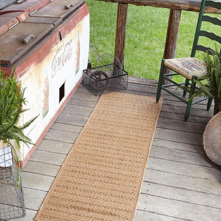 Alfombra Unique Loom para exteriores Border Collection - A cuadros (2' x 8' pasillo marrón claro)