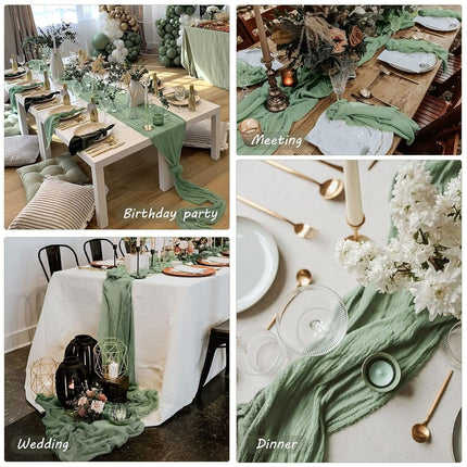 12 Pack 10Ft Cheesecloth Table Runner 35x120 Inch Boho Gauze Long Romantic Runner for Wedding, Bridal Shower, Birthday Party Decor (Dusty Sage Green)