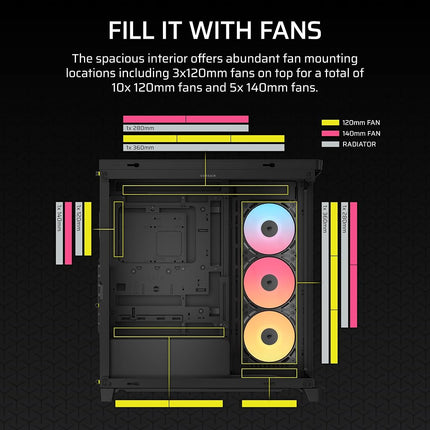 CORSAIR FRAME 4500X RS-R ARGB Panoramic Glass Mid-Tower PC Case – InfiniRail Mounting System, Fits Dual 360mm Radiators, GPU Anti-Sag, 3x RS120R Fans Included – Black
