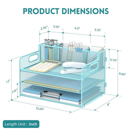 SUPEASY 3 Tier Desk Organizer with Handle & 3 Pen Holders, Mesh Paper/File Organizer for Desk, Paper Letter Tray Organizer for Office Supplies (Light Blue)