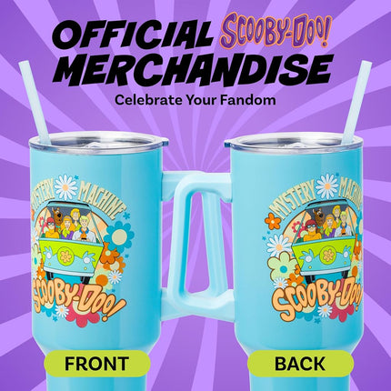 Silver Buffalo Scooby Doo Mystery Machine Featuring Shaggy, Velma, Fred and Daphne Stainless Steel Tumbler with Handle and Straw, Fits in Standard Cup Holder, 40 Ounces