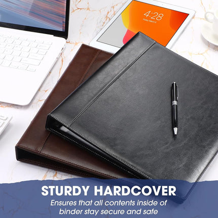 Marspark 2 Pcs Vintage Hardback 3 Ring Binder Professional Leather Binder Organizer Round Rings Holds 200 Sheets with 2 Inner Pockets(1 Inch,Black)