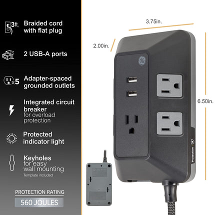 GE UltraPro Protector de sobretensión de 5 tomacorrientes con puertos USB, 2 puertos USB-A, 2.4A, Cable trenzado de 0.9 m, Protector de sobretensión, 560 Julios, Negro, 73777