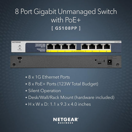 NETGEAR 8-Port Gigabit Unmanaged Switch, PoE/PoE+ 123W, Fanless, Rackmount, Plug-and-Play, ProSAFE Lifetime Protection (GS108PP)
