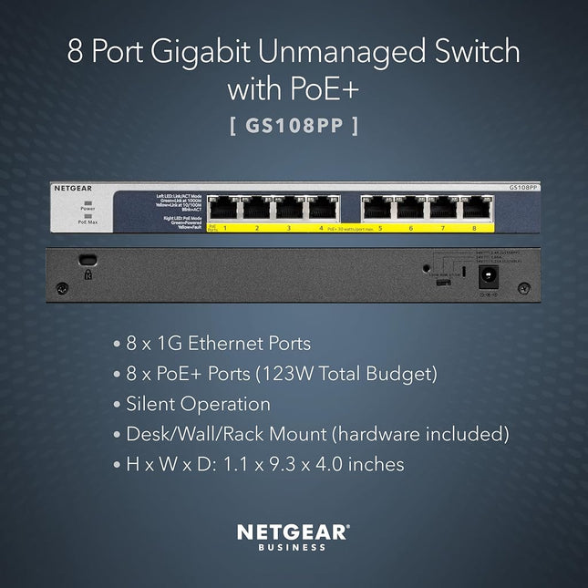 NETGEAR 8-Port Gigabit Unmanaged Switch, PoE/PoE+ 123W, Fanless, Rackmount, Plug-and-Play, ProSAFE Lifetime Protection (GS108PP)