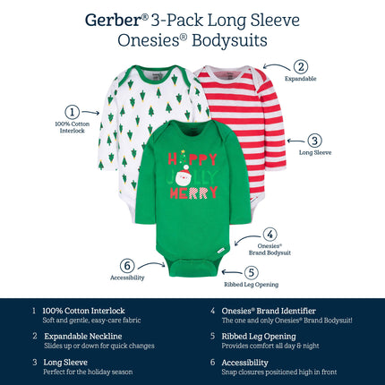 Gerber Unisex Baby 3-Pack Holiday Long-Sleeve Onesies, Happy Jolly, 3-6 Months
