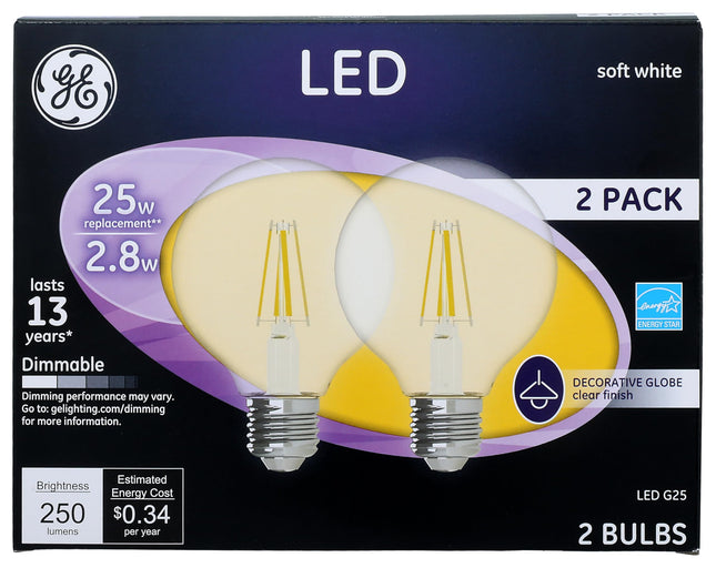 GE Lighting 23049 2.8W LED G25 Bulb (2 Pack), 22 P