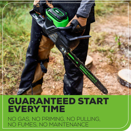 Motosierra inalámbrica Greenworks 82V de 16" sin escobillas (2.4 kW) (225 cortes por carga), batería de 4.0 Ah y cargador rápido de doble puerto (ideal para paisajistas y profesionales)