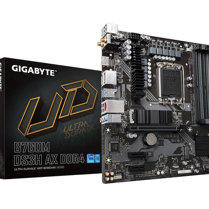 GIGABYTE B760M DS3H AX DDR4 (LGA 1700/ Intel/ B760/ M-ATX/ DDR4/ 2* M.2/ PCIe 4.0/ USB 3.2 Gen 2 Type-C/WiFi 6E/ 2.5GbE LAN/Q-Flash Plus/PCIe EZ-Latch/Gaming Motherboard)
