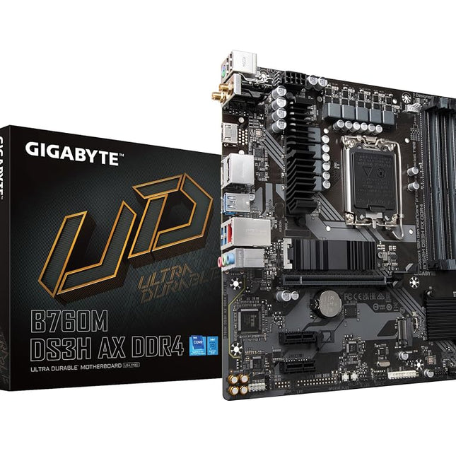 GIGABYTE B760M DS3H AX DDR4 (LGA 1700/ Intel/ B760/ M-ATX/ DDR4/ 2* M.2/ PCIe 4.0/ USB 3.2 Gen 2 Type-C/WiFi 6E/ 2.5GbE LAN/Q-Flash Plus/PCIe EZ-Latch/Gaming Motherboard)