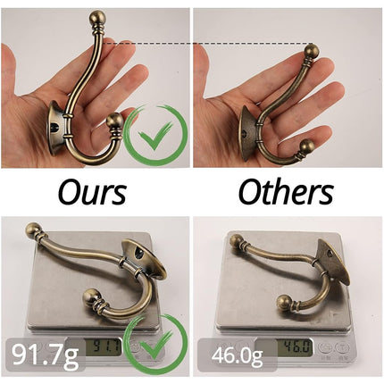 HASWARE 6 PCS Double Prong Robe Hook, Large Dual Coat Hooks with 12 Pieces Screws Wall Mounted Hooks Robe Antique Hooks Hangers Heavy Duty for Home Coats Hat Clothes Hanger Towel Keys (Satin Nickel)